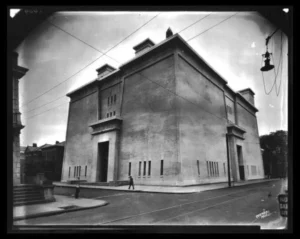 A black and white photo of an old building.